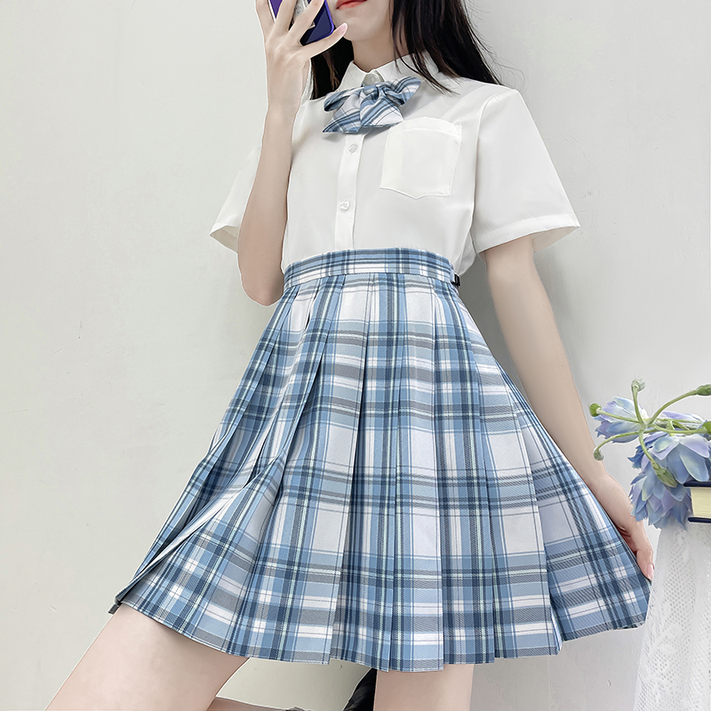 Seifuku 반팔 학생 소녀 하이 웨스트 체크 무늬 플리츠 스커트 섹시한 JK 일본 학교 유니폼 애니메이션 의류 여성 드레스